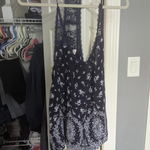 La Vie En Rose Tops - La Vie En Rose Navy and White Floral Lace-Back Tank